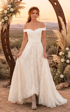 Robe de mariée trapèze en dentelle à épaules dénudées style western rustique