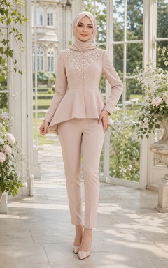 Blushing Pink Muslim Pearl Embellished Short Jacket Wedding Pantsuit