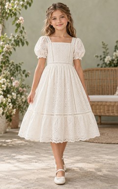Square Neck Vintage Tea-length Ivory Puff Sleeve Eyelet Cotton Flower Girl Dress