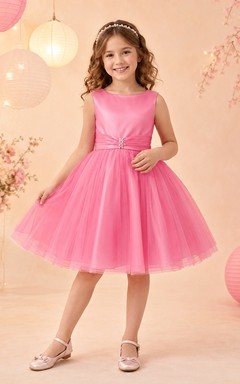 Candy Pink Adorable Square Tulle Sleeveless Ball-Gown Tea-Length Flowergirl Dress