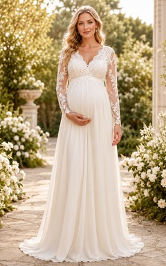 Robe de mariée en mousseline et dentelle style empire, col en V, manches longues, longueur au sol, idéale pour la plage.