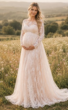 Vestido de novia premamá de manga larga, encaje, corte en A, estilo campestre, con corpiño ilusión y cola.