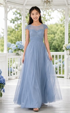 Himmelblaues Brautjungfernkleid für junge Damen, A-Linie, Rundhalsausschnitt, kurze Illusionsärmel, Spitze, Tüll, elegant, romantisch