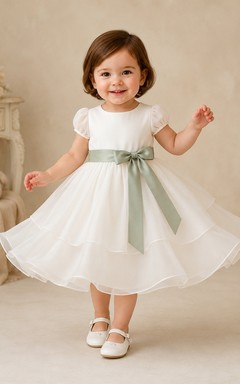 Baby Baptism Christening Ceremony Dress A-Line Tea-Length Jewel Neck Cap Sleeve Tulle Ribbon Sash Bow Back Button Back