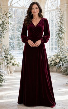robe de mère trapèze en velours bordeaux à col en V et manches longues