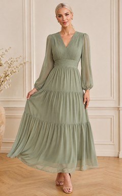 Boho Sage Ankle-Length Chiffon A-Line Long Sleeve Tiered V-Neck Dress