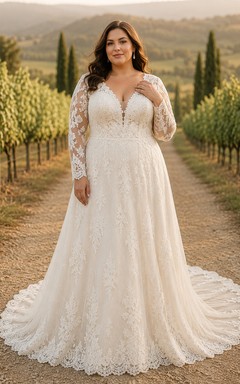 Plus Size Ivory Long Sleeve Lace A-Line Wedding Dress Train