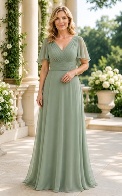 MOB-Kleid, salbeigrüner Chiffon, A-Linie, kurze Ärmel, V-Ausschnitt, bodenlang, plissiert