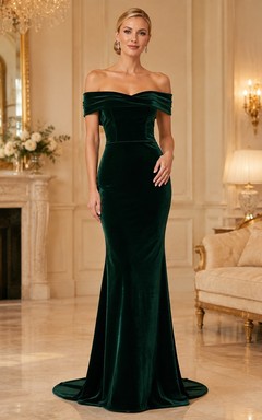 Dark Green Off-Shoulder Velvet Mermaid Sweep Train Elegant Black-Tie Evening Gown