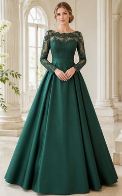 Vestido de gala largo de satén con mangas largas y encaje ilusión verde esmeralda