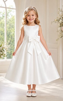 Vestido de niña de las flores, satén color marfil, corte en A, cuello joya, largo midi, detalle de lazo.