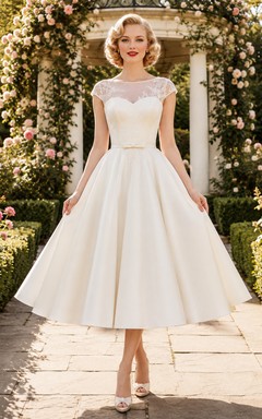 Vintage Brautkleid aus den 1950er Jahren mit kurzen Ärmeln und Illusionsausschnitt, wadenlang.
