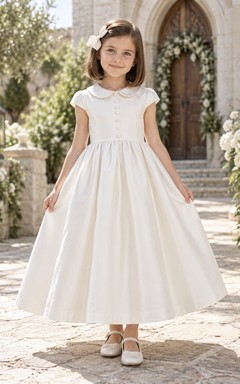 Simple White Ankle-length Peter-Pan-collar Cap-sleeve Button-front Unbanded Gathered Zipper-back A-line Flower Girl Dress