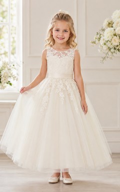 Flower Girl Dress A-Line Cream Custom Size Lace Tulle Bow Formal