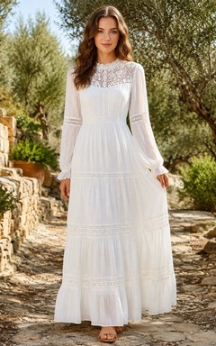 Modest Boho High Neck Long Sleeve Lace Tiered Floor-Length A-Line Wedding Dress