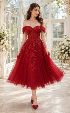 Red Off-Shoulder Lace Tulle A-Line Tea-Length Garden Wedding Dress