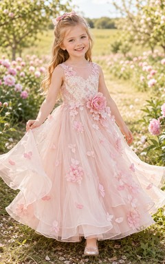 Blush Pink Peony Flower Girl Dress with Sleeveless Tulle A-Line, Cascading Ruffles, Floral Appliques, and Tea-Length Movement