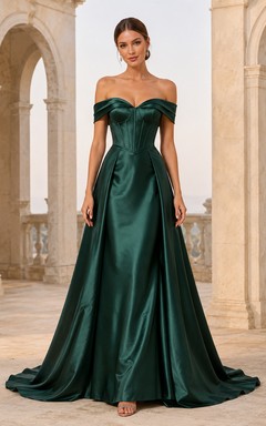 Elegantes dunkelgrünes Satin-Abendkleid in A-Linie, bodenlang, schulterfrei, mit Korsett-Set