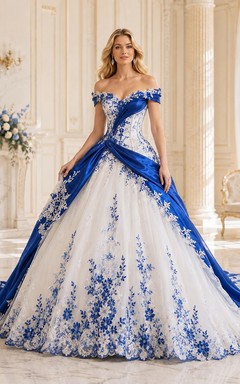 Königsblaues, drapiertes Ballkleid mit schulterfreiem Schnitt und kurzen Ärmeln aus Satin – romantisches Brautkleid