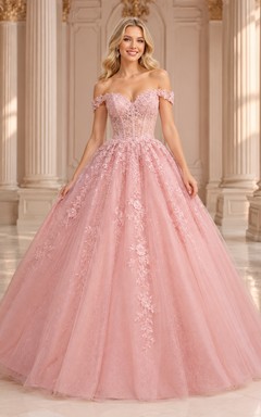 Blossom Pearl-Pink Off-Shoulder Sweetheart Floral Lace Tulle Ball-Gown Floor-Length Quinceanera Prom Dress