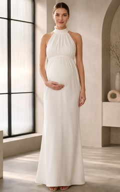 Maternity Civil-Ceremony Satin Halter-Neck Sleeveless Empire A-Line Floor-length Wedding-Gown