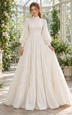 Vestido de novia sencillo de algodón con mangas largas, cuello alto y volantes, corte en A y largo hasta el suelo