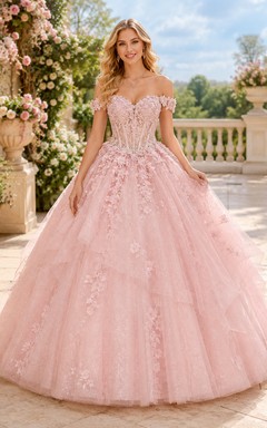 Luxuriöses, rosafarbenes Quinceañera-Ballkleid mit schulterfreiem Ausschnitt, Applikationen und Tüll