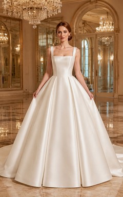 Vestido de novia minimalista de satén, estilo princesa, con escote cuadrado, sin mangas y cola de corte.