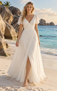 Vestido de novia sencillo de gasa con escote en V, manga corta, corte en A y abertura lateral.