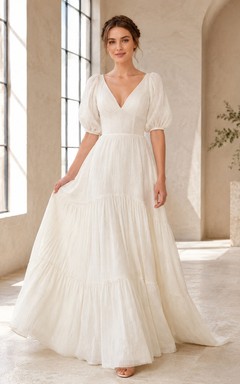 Vestido de novia formal estilo bohemio, largo hasta la rodilla, escote en V, corte en A, con volantes, para ceremonia formal.