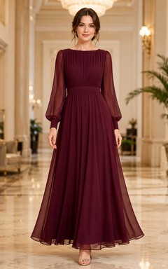 Burgundy Pleated Long Sleeve Modest Chiffon Formal Gown