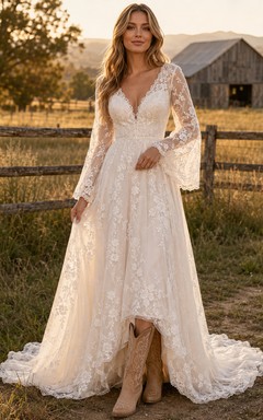 Vestido de novia de tul y encaje campestre, corte en A, hombros descubiertos, manga corta, cola de capilla, espalda baja en V.