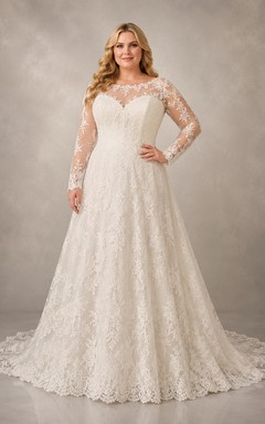 Plus Size Illusion Long Sleeve Lace A-Line Bridal Gown