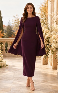 Plum Bateau Long Cape Sleeve Satin Sheath Tea Wedding Guest Dress