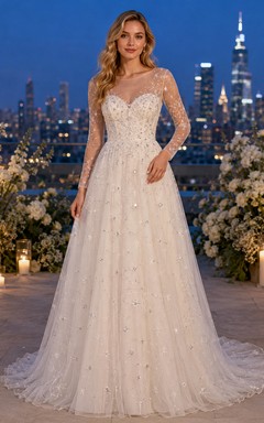 Long Sleeve Starry Sky Tulle Rooftop Bridal Gown