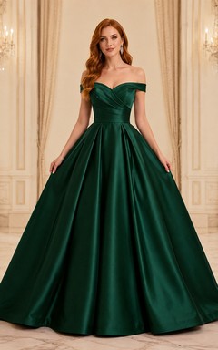 Dark Green Satin Off Shoulder Short Sleeve Ball Gown Floor Length Formal Dress