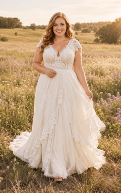 Vestido de novia de talla grande con mangas cortas, escote en V, encaje y corte en A con cola de tul.