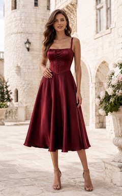 Vestido midi de satén burdeos con escote cuadrado y corte en A para invitada.