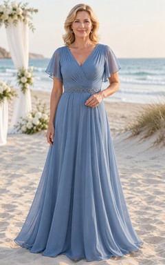 Stahlblaues Chiffon-Kleid in A-Linie mit V-Ausschnitt und Volantärmeln