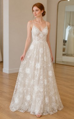 Vestido de novia largo hasta el suelo, estilo bohemio romántico, corte A, tirantes finos, encaje floral y tirantes finos.