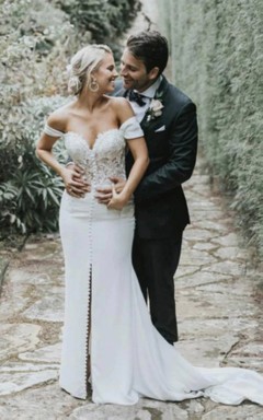 Off-the-shoulder Sheath Front Split Applique Beach Wedding Dress with Sweep Train