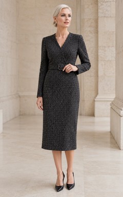 Dark Gray Tweed V-Neck Long Sleeve Pencil Midi Dress