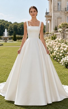 Robe de mariée de plage en satin et mousseline, robe de bal, col carré, sans manches, traîne.
