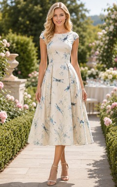 Dragonfly Print Garden Cap Sleeve A-Line Tea-Length Dress