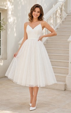 White Spaghetti V-Neck Lace Tulle A-Line Tea-Length Simple Prom Dress