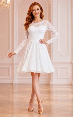 White Lace Jewel Neck Long Sleeve A-Line Short/Mini Romantic Modern Elegant Dance Cocktail Dress