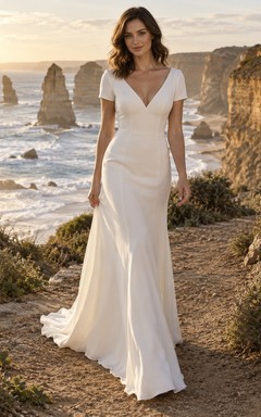 Schlichtes Brautkleid im Meerjungfrauenstil mit V-Ausschnitt, kurzen Ärmeln und Schleppe
