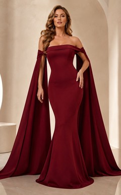 Robe de soirée sirène bordeaux à épaules dénudées et traîne balayée