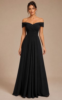 A-Linien-Brautjungfernkleid aus Chiffon mit kurzen Ärmeln, schulterfrei und Falten