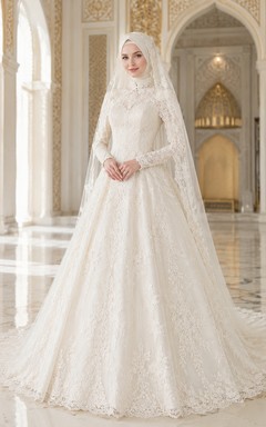 Vestido de novia musulmán modesto de encaje con mangas largas para mezquita o capilla.